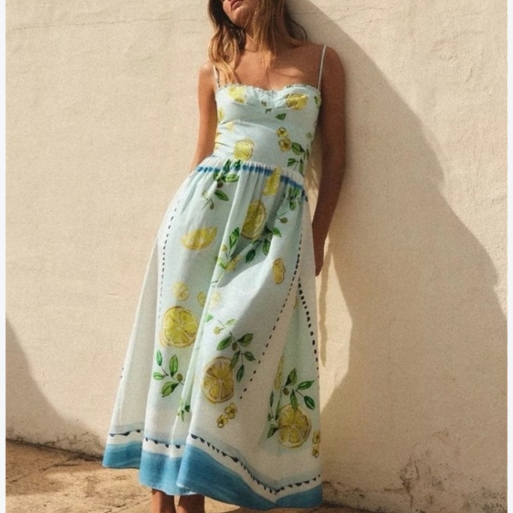 Zara Light Blue Strapless Lemon-Print Midi Dress